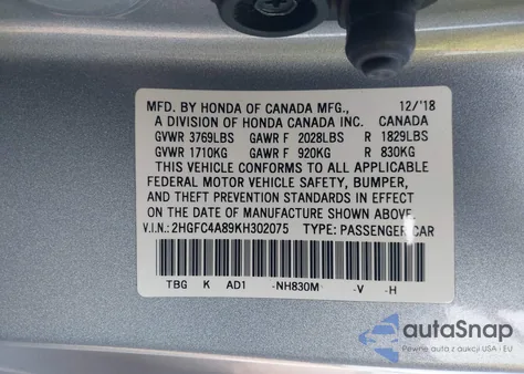 2019 Honda Civic Sport from USA, damaged, VIN 2HGFC4A89KH302075